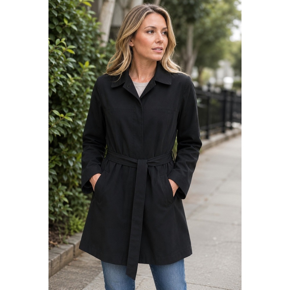 London Fog Black Belted Trench Coat Jacket Women's Large L Lightweight